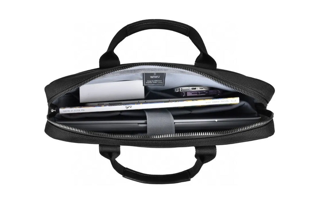 Black Oxford cloth laptop backpack showing multiple pockets, a lock, and padded laptop compartment.