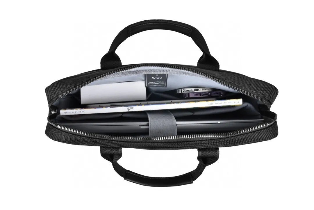 Black Oxford cloth laptop backpack showing multiple pockets, a lock, and padded laptop compartment.
