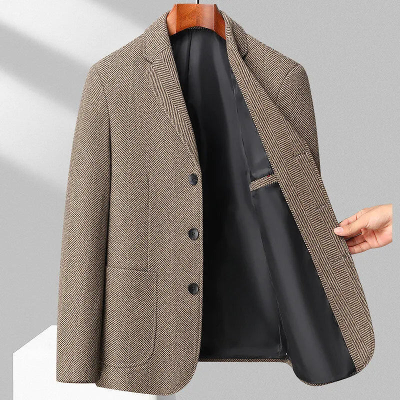 Men's loose fit woolen coat in a solid colour, shown on a model for casual spring or autumn wear.