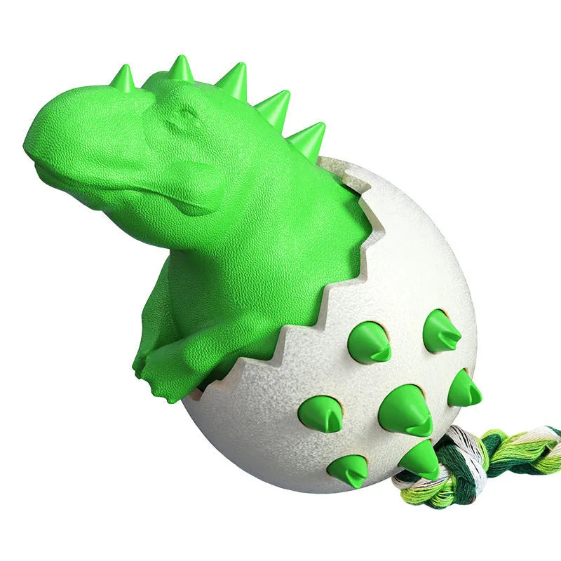 Durable dinosaur-shaped dog teething toy with rope attachment in blue, green, orange or yellow