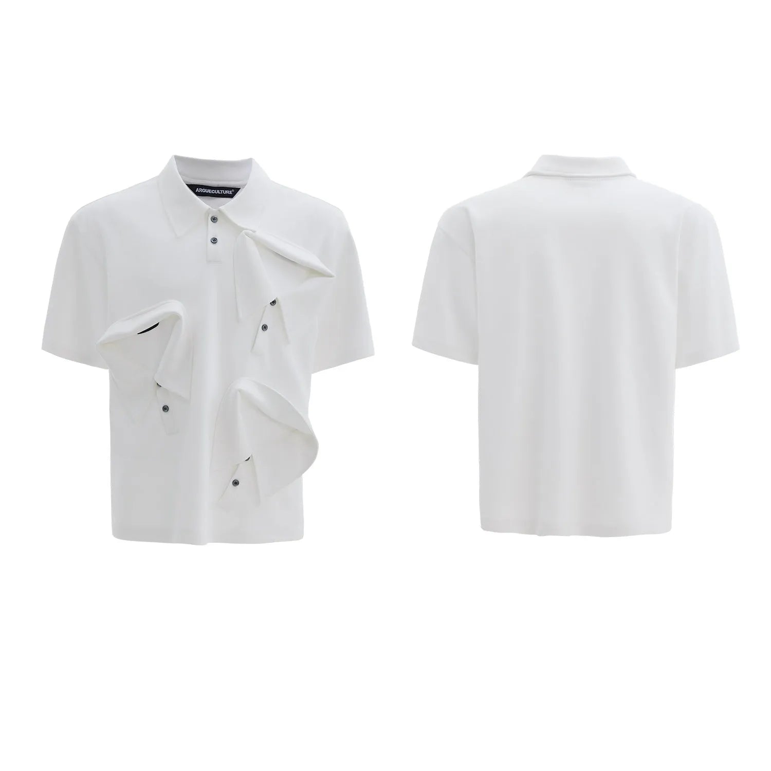 Men's black polo shirt with a deconstructed collar and geometric pattern, loose fit.