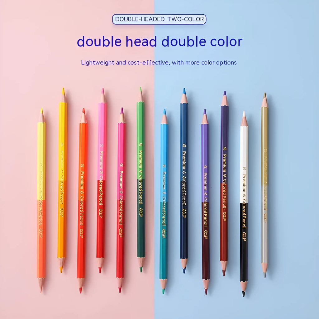 Set of wooden colouring pencils with dual-tip leads, showing 12 and 24 colour set options.