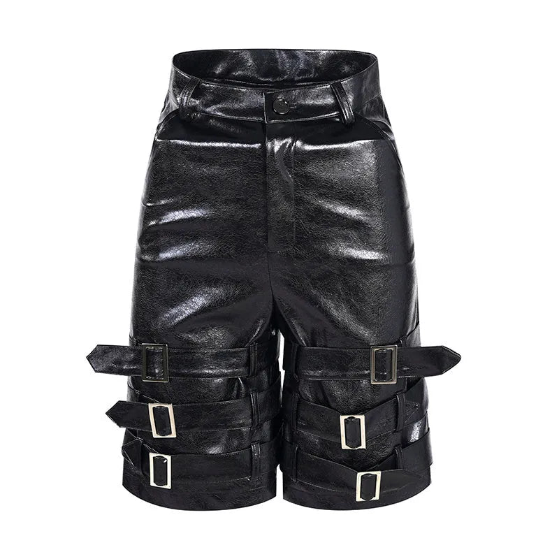 Black men's PU leather-look cropped shorts with a medium-low waist on a mannequin.