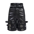 Black men's PU leather-look cropped shorts with a medium-low waist on a mannequin.