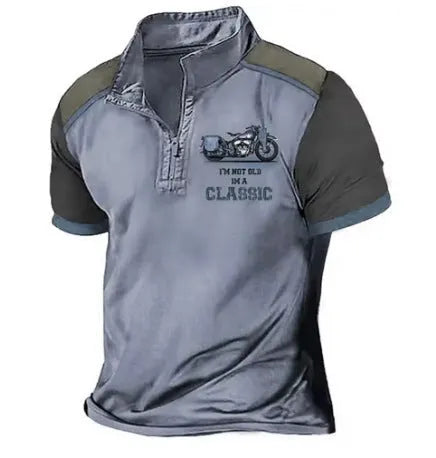 Golf polo shirt with 3D printed pattern on blue bird eye cloth fabric, shown in a loose fit.