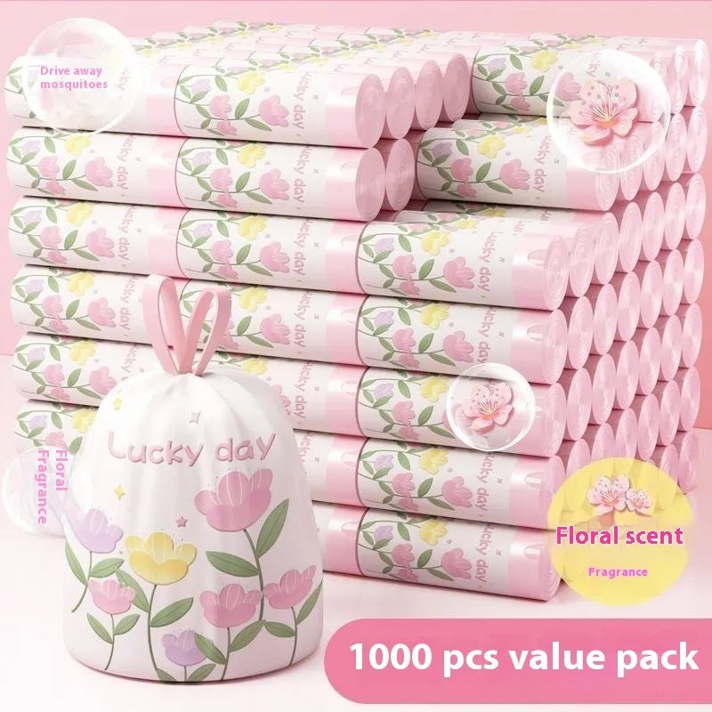 Pink degradable argy wormwood mosquito-repellent garbage bags with drawstring closure