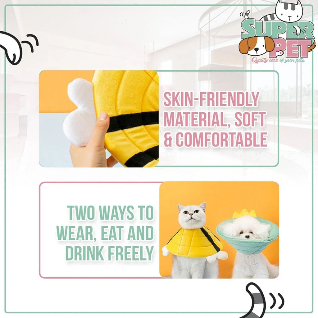 Soft bee design cat recovery cone collar with Velcro closure in four sizes