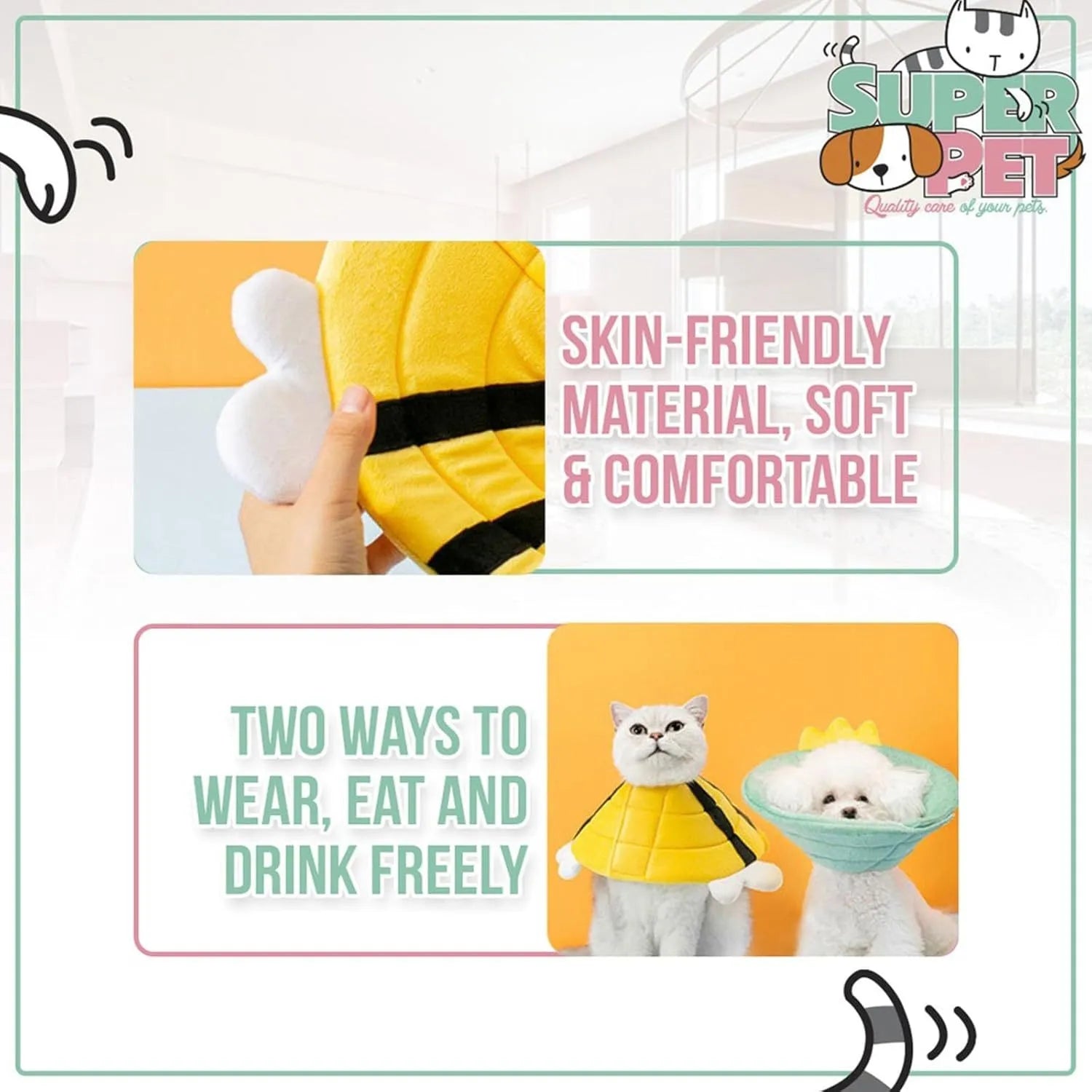 Soft bee design cat recovery cone collar with Velcro closure in four sizes