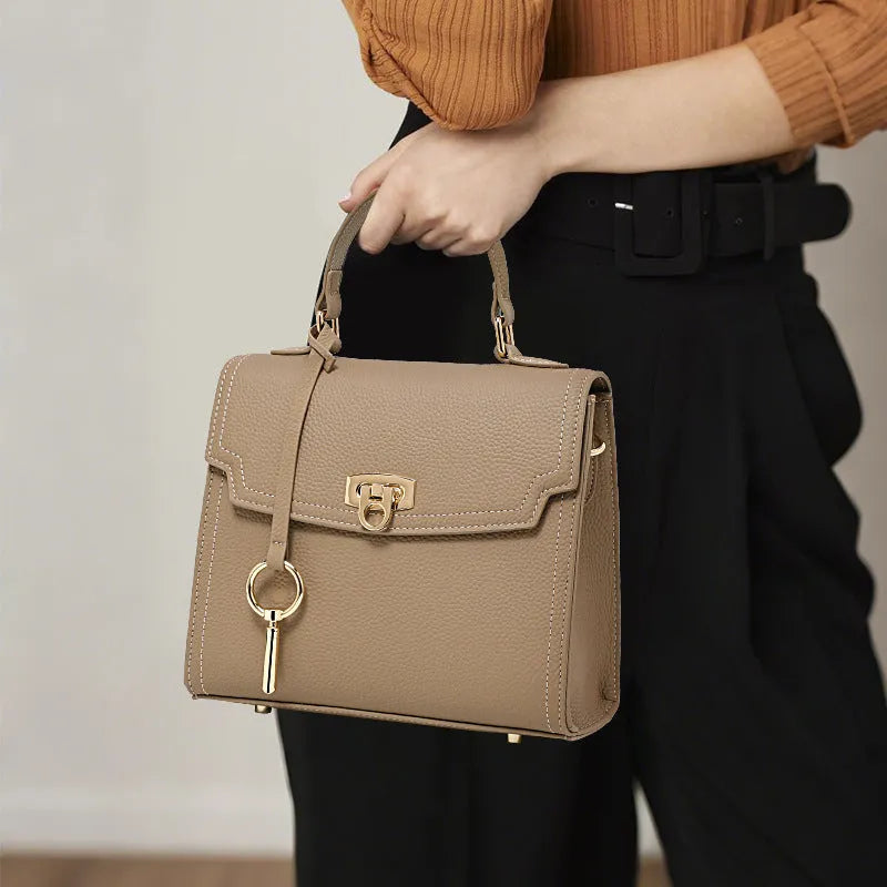 Elephant grey vintage leather handbag with litchi pattern lock and double shoulder straps