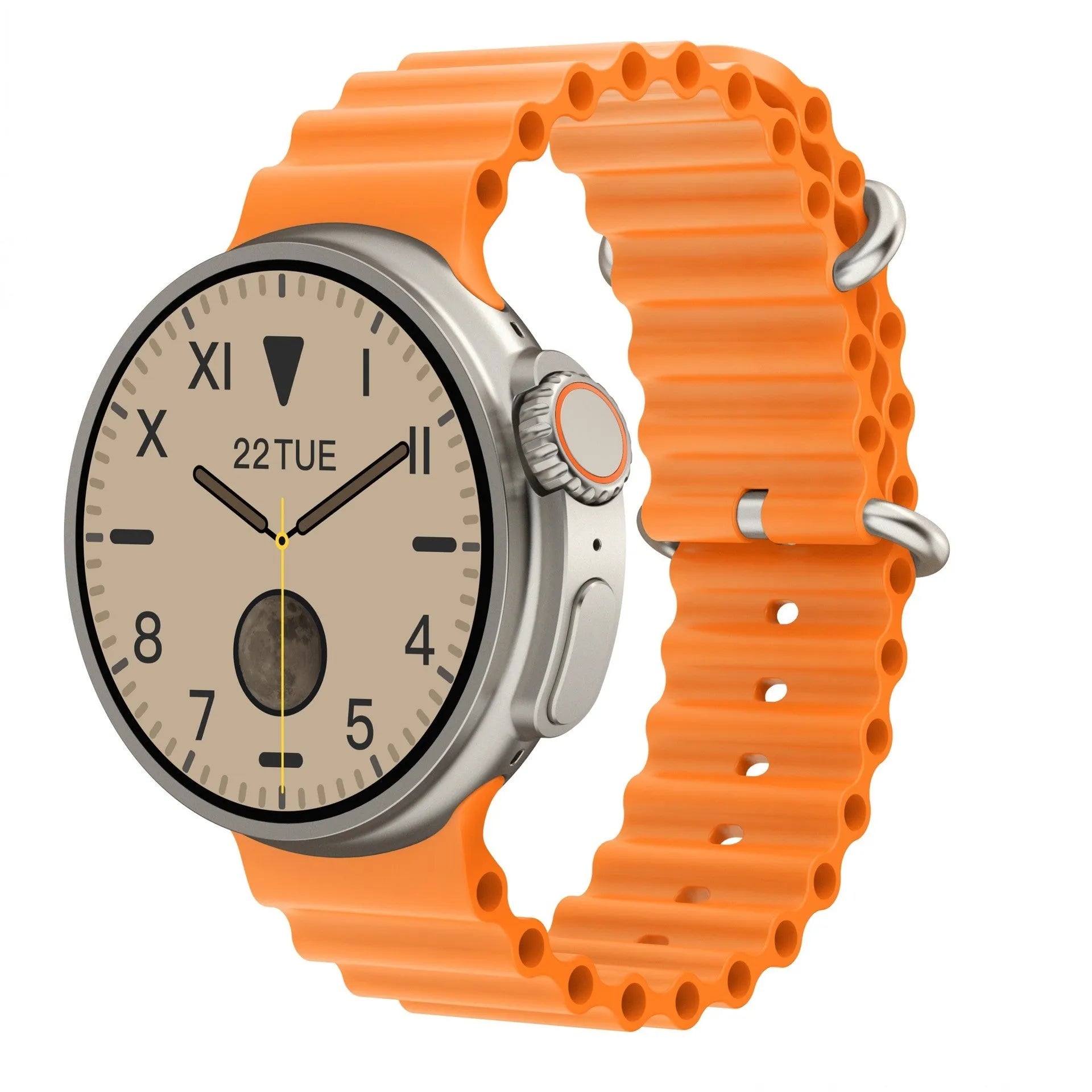 Black K9 smart watch with round screen on a silicone strap, showing a watch face with health metrics.