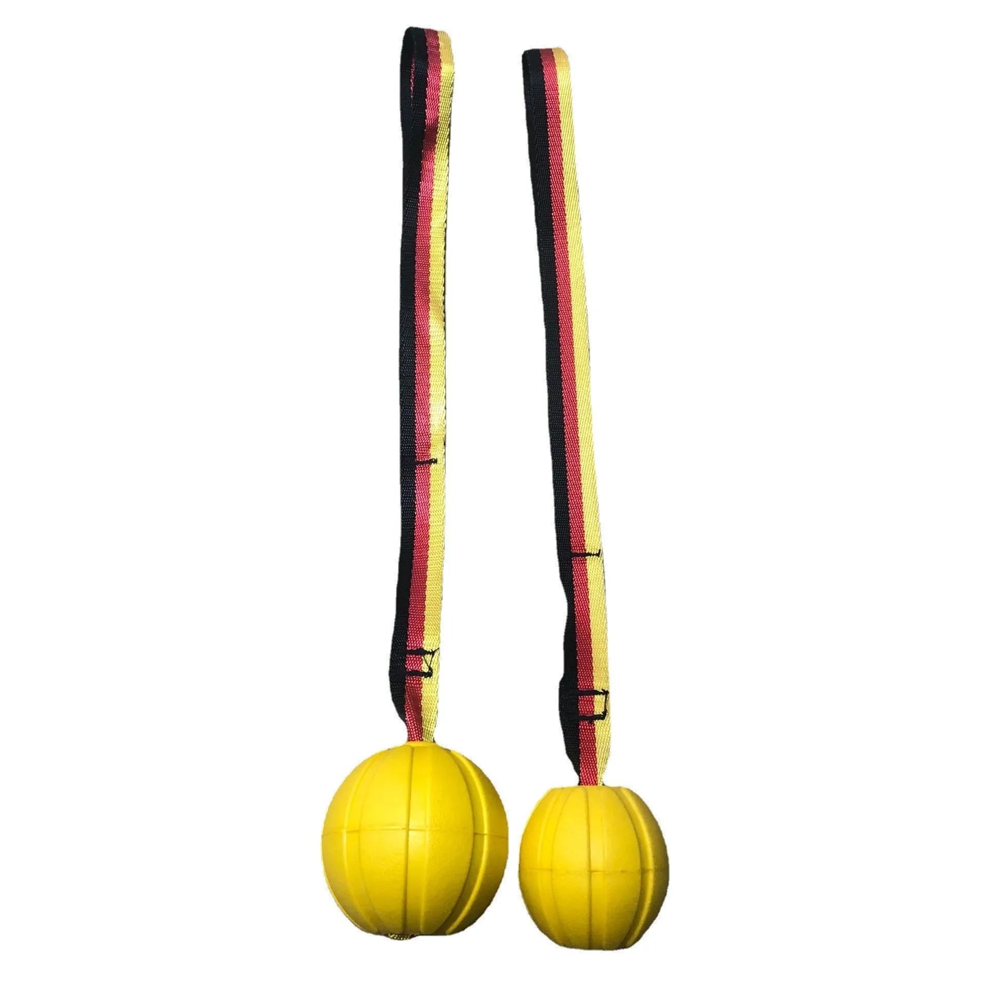 Floating camouflage and yellow EVA dog training balls with string tethers in three different sizes