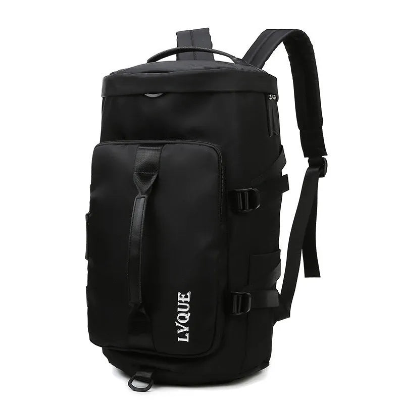 Black waterproof nylon backpack with combination lock, shown as a backpack and shoulder bag, featuring multiple pockets.