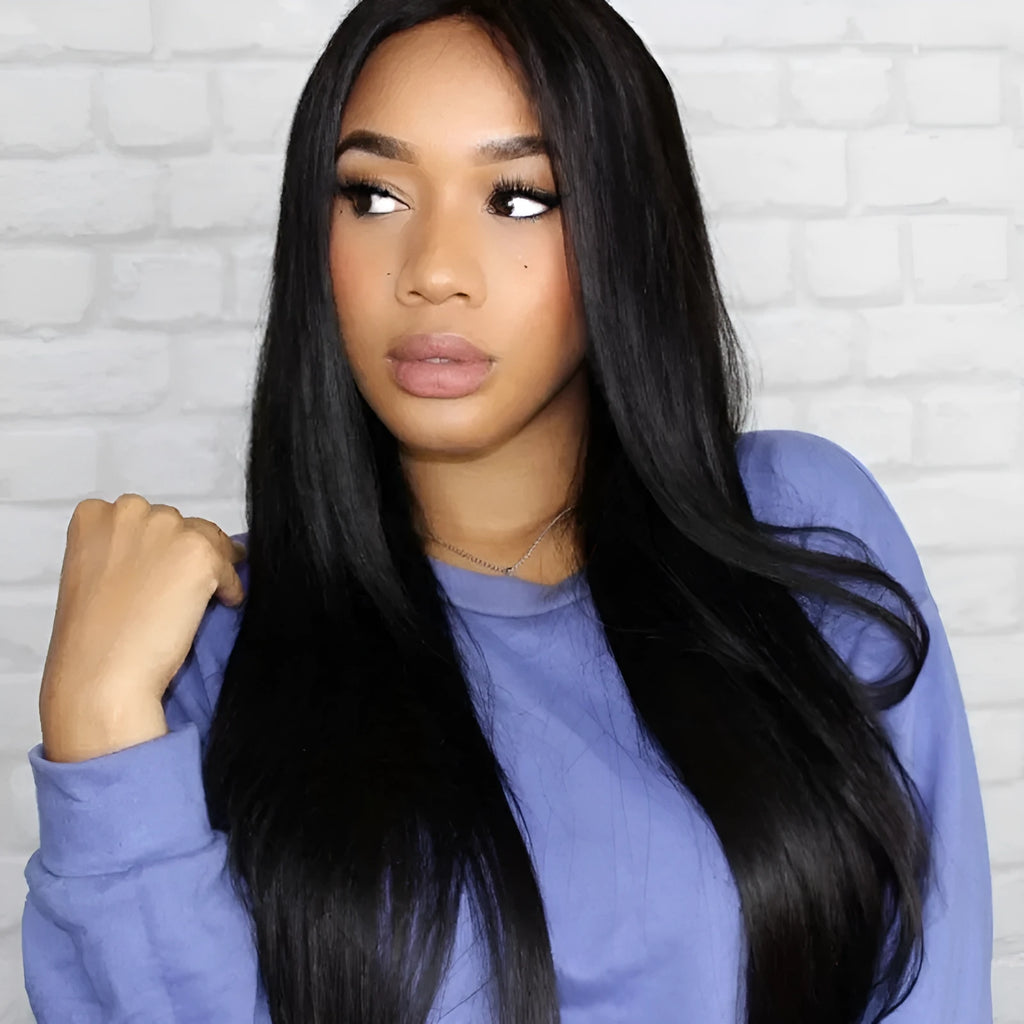 Women's long straight black wig with centre-parted bangs made from high-temperature fibre