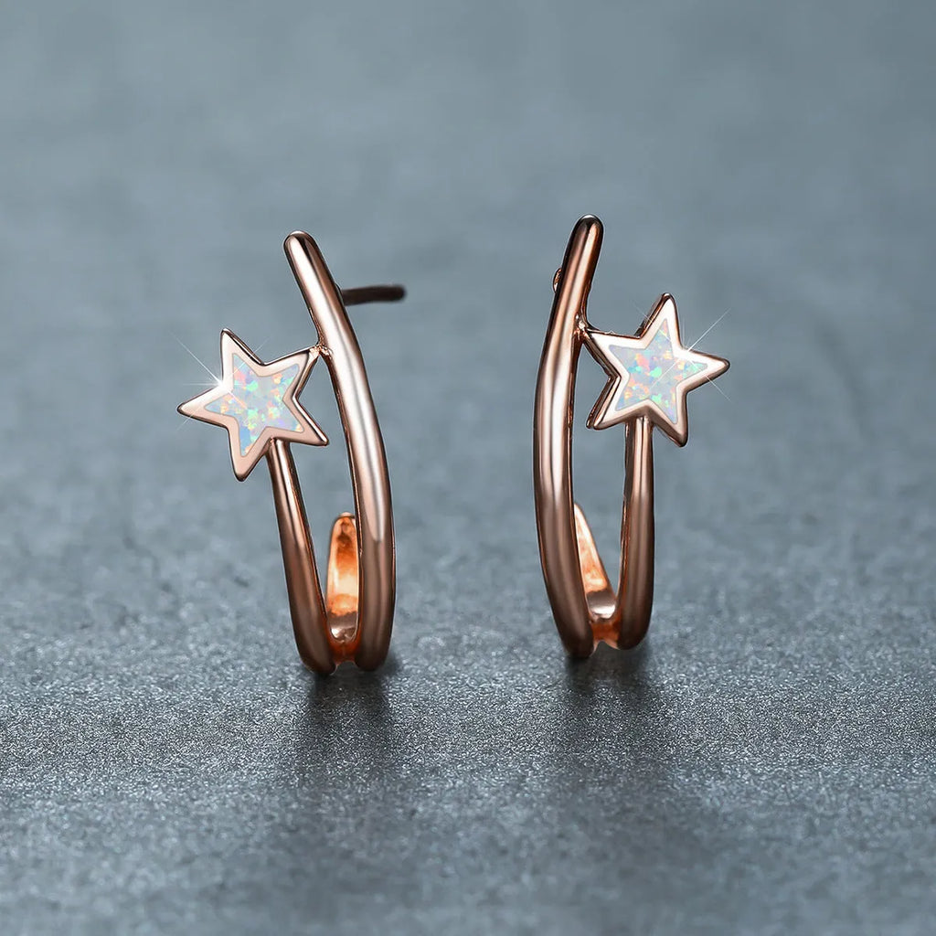 Blue opal earrings with geometric five-pointed star design in platinum blue copper electroplated finish