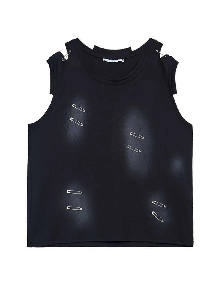Men's black sleeveless vest waistcoat with ripped irregular cutting design on cotton blend fabric