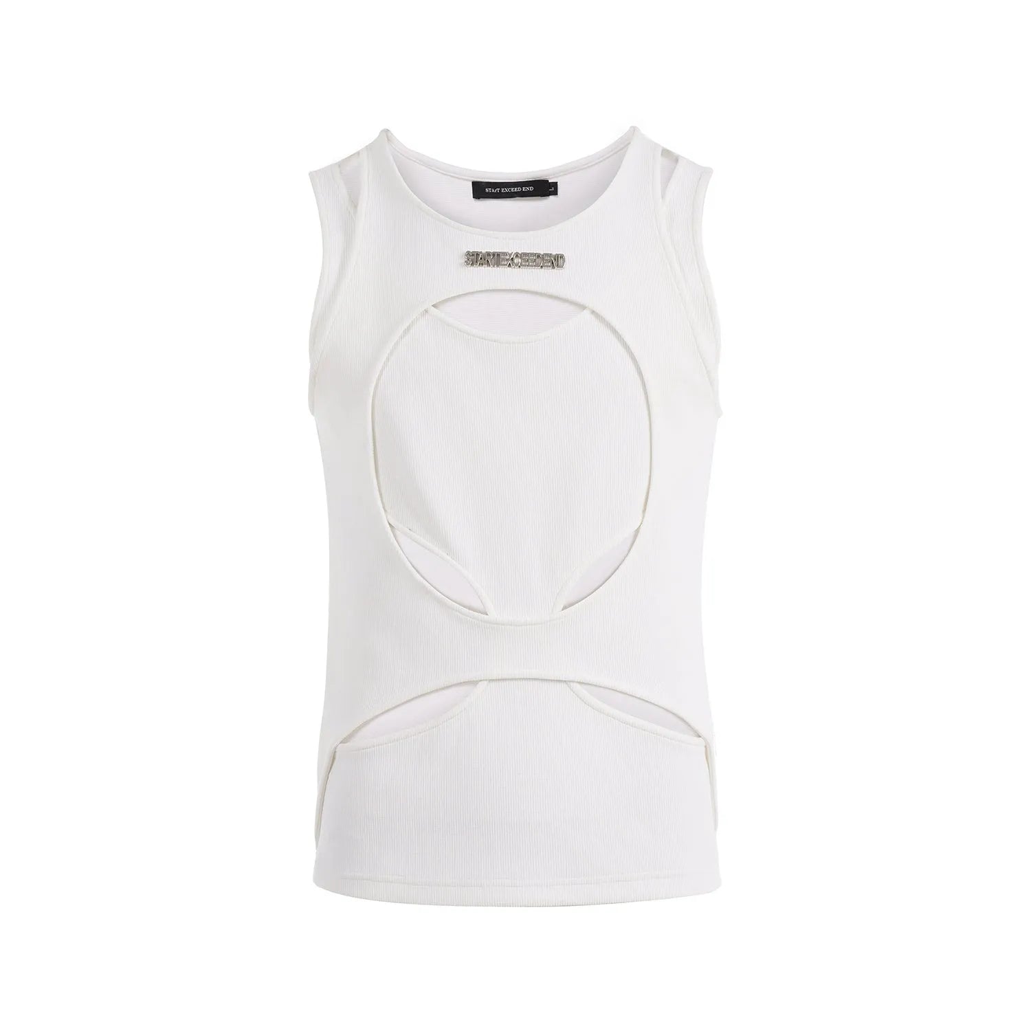 Men's white hollow knit sleeveless waistcoat vest with round neck pullover design