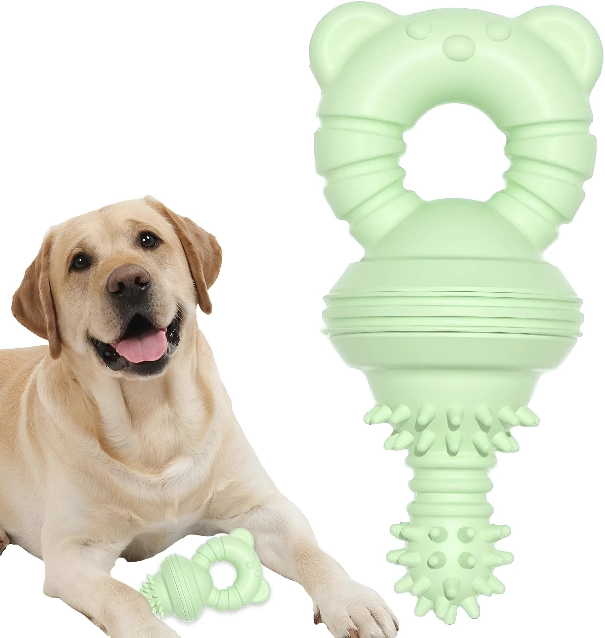 Blue rubber dog chew toy with textured surface for cleaning teeth, shown next to a measuring tape indicating 13.5 cm size.