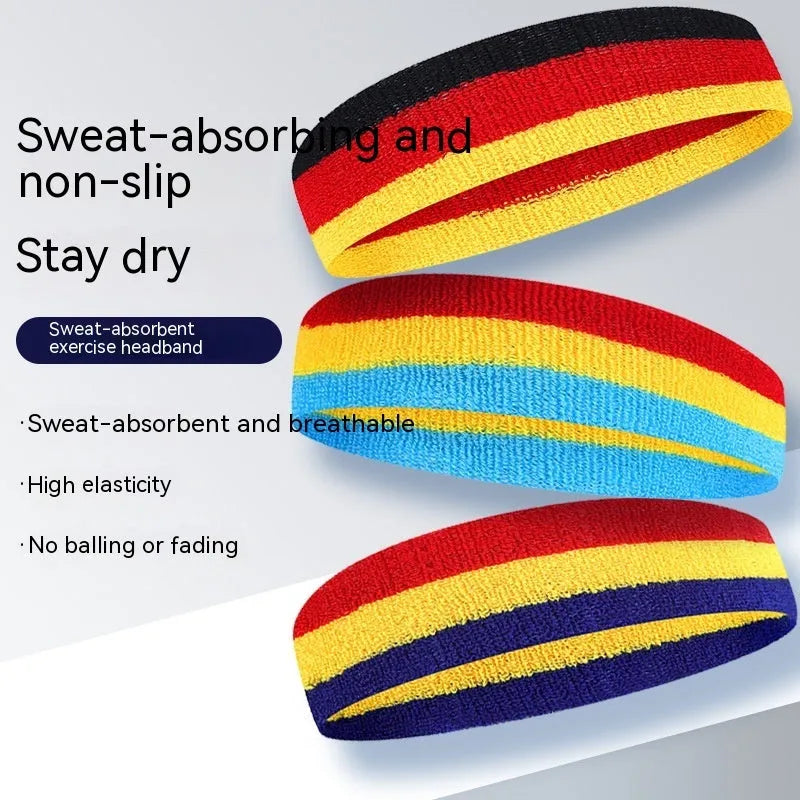 Three-colour sports headband for adult running and basketball activities measuring 5.5cm by 20cm
