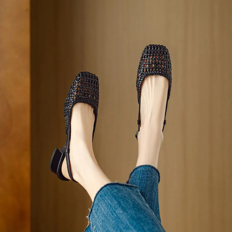 Women's beige woven sandals with a closed square toe, chunky heel, and buckle strap.