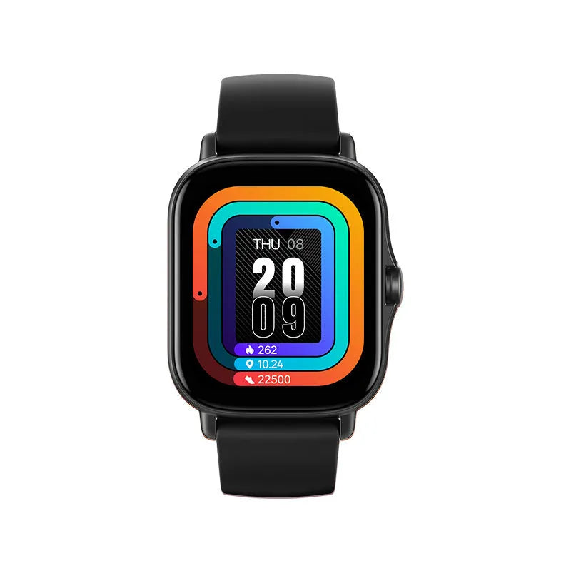 GT20 black alloy smartwatch with silicone strap showing heart rate monitoring on screen