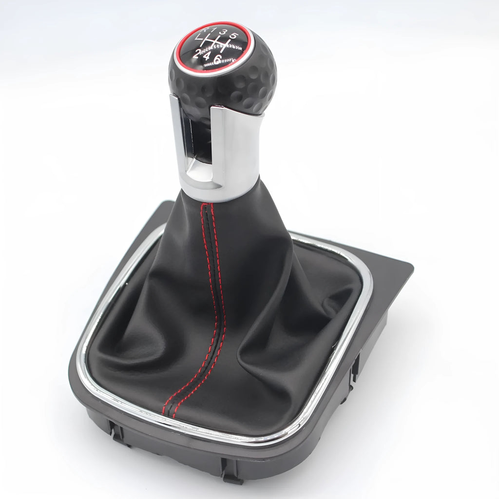 Leather gear lever handball knob for Volkswagen Golf models, showing 12mm installation hole.