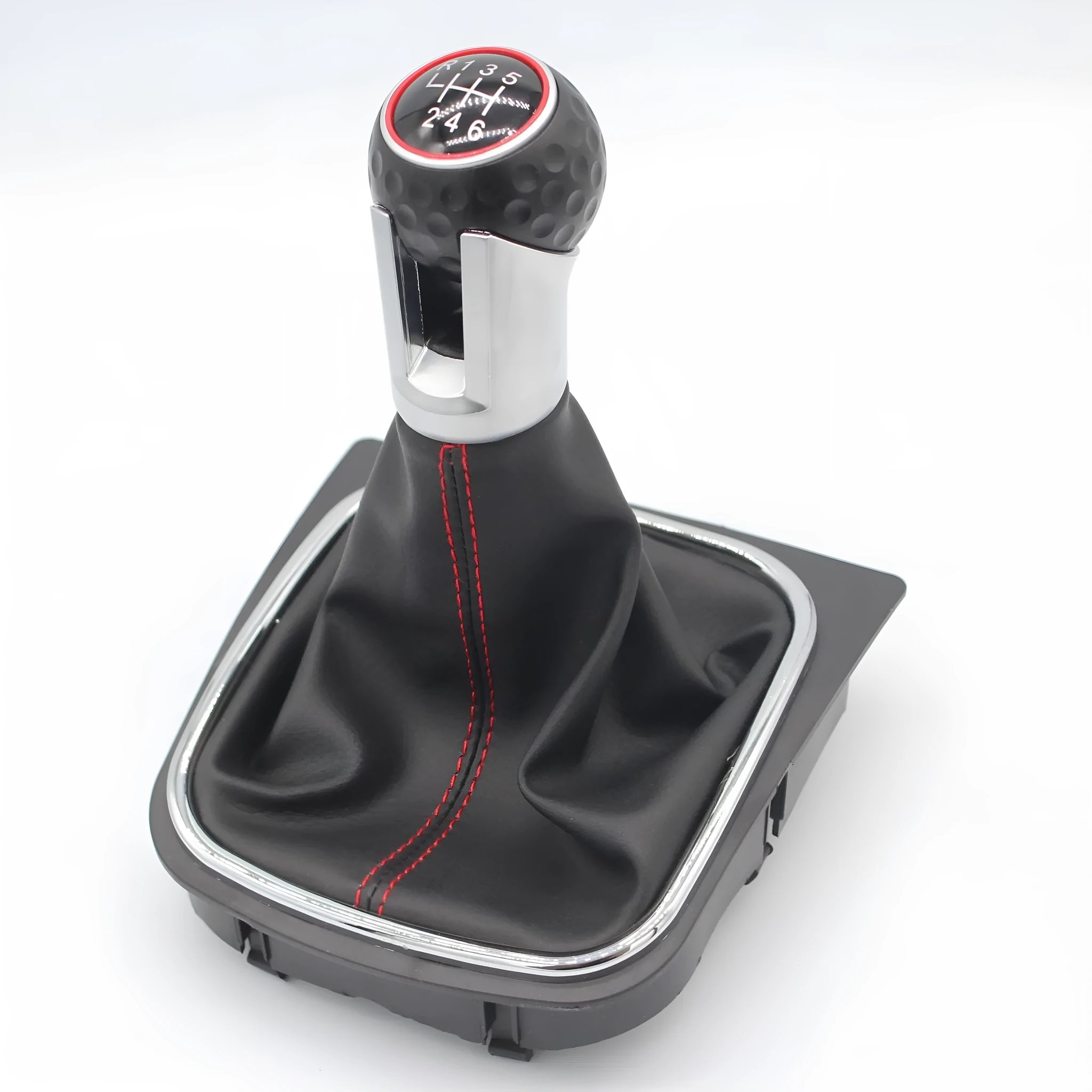Leather gear lever handball knob for Volkswagen Golf models, showing 12mm installation hole.