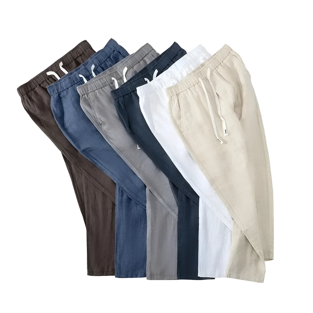 Pure linen blend Chinese-style straight leg trousers with a drawstring waist in apricot colour