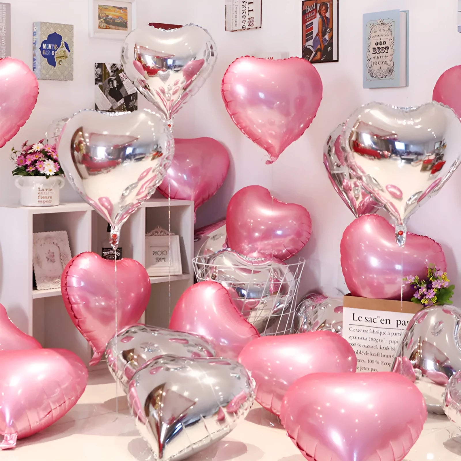 Five peach heart shaped aluminium foil balloons in metallic colours for party decorations
