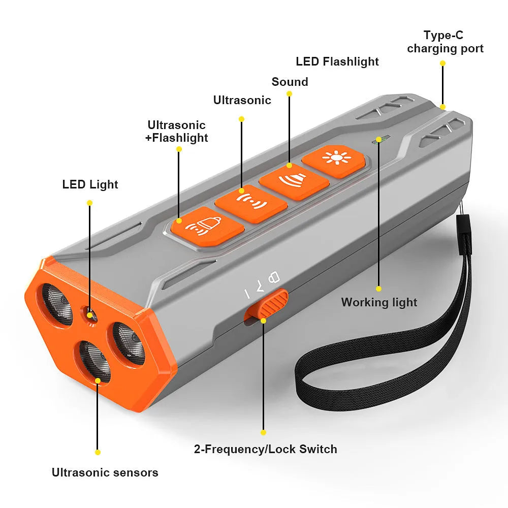 Grey and orange coloured three-head ultrasonic dog trainer with remote control on a table.