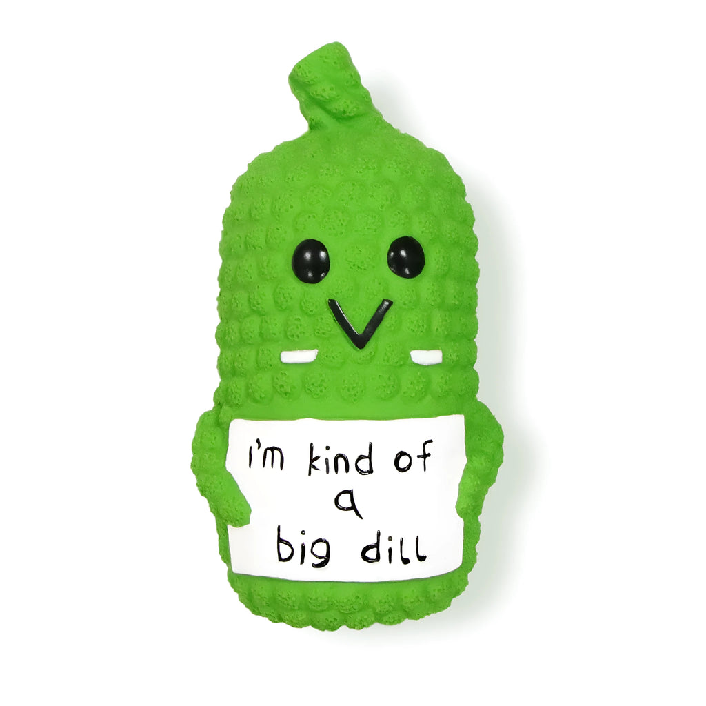 Green pickle-shaped latex dog chew toy with textured exterior and squeaker