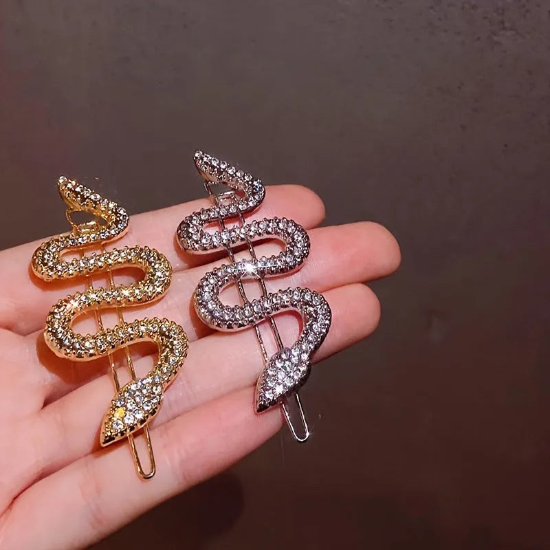Vintage snake design rhinestone hair barrette with electroplated gold or silver finish