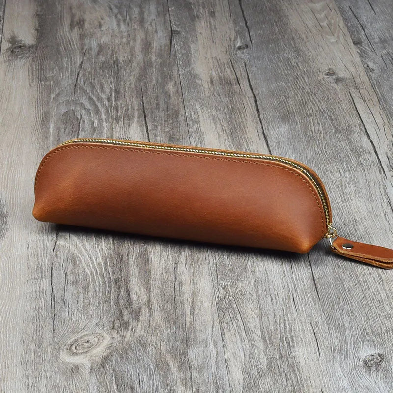 Genuine cowhide leather rectangular pencil case with zipper closure