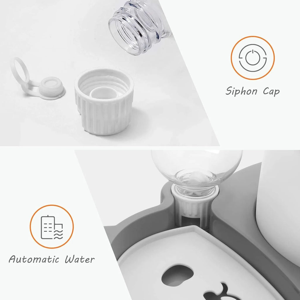 Panda-shaped pet feeder with tilted raised bowls and automatic water dispenser bottle