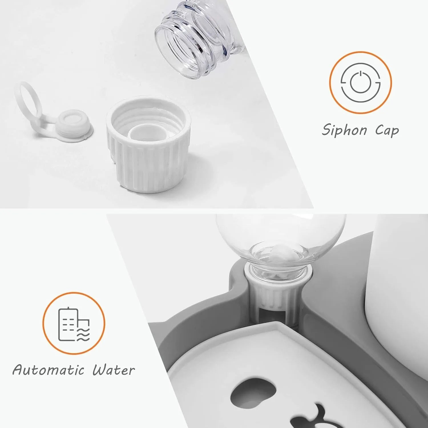 Panda-shaped pet feeder with tilted raised bowls and automatic water dispenser bottle