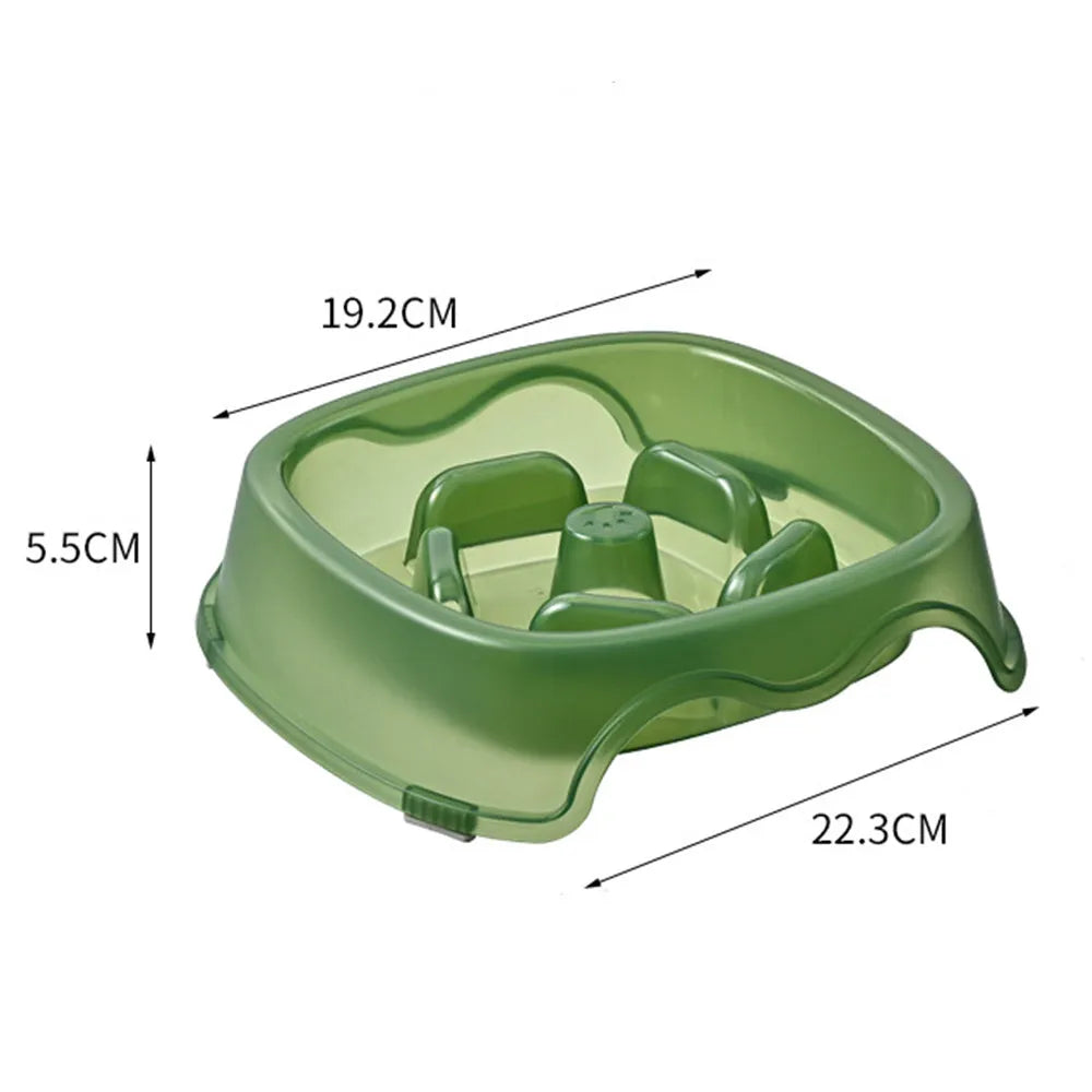 Blue slow feeder dog bowl with internal ridges to prevent fast eating and choking.
