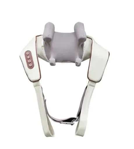 Milky white rechargeable shoulder and neck kneading massager with infrared physiotherapy.