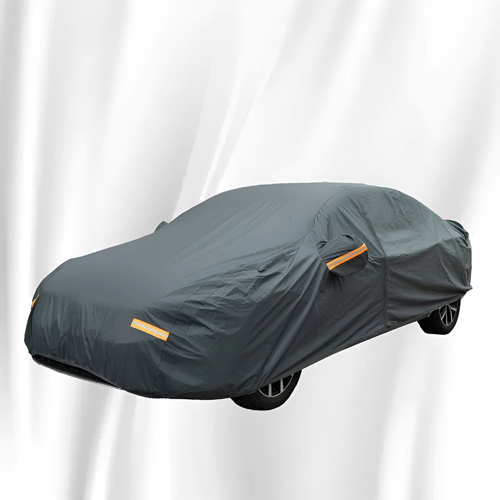 Grey Volkswagen car cover with PVC chemical fibre construction showing rainproof sun protection features