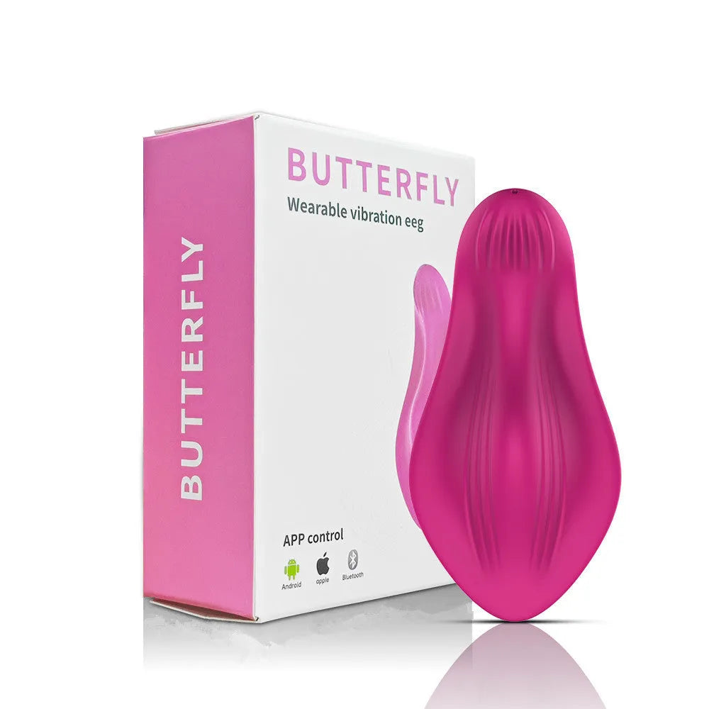 Rose red silicone wearable female vibrator with butterfly shape for app-controlled stimulation