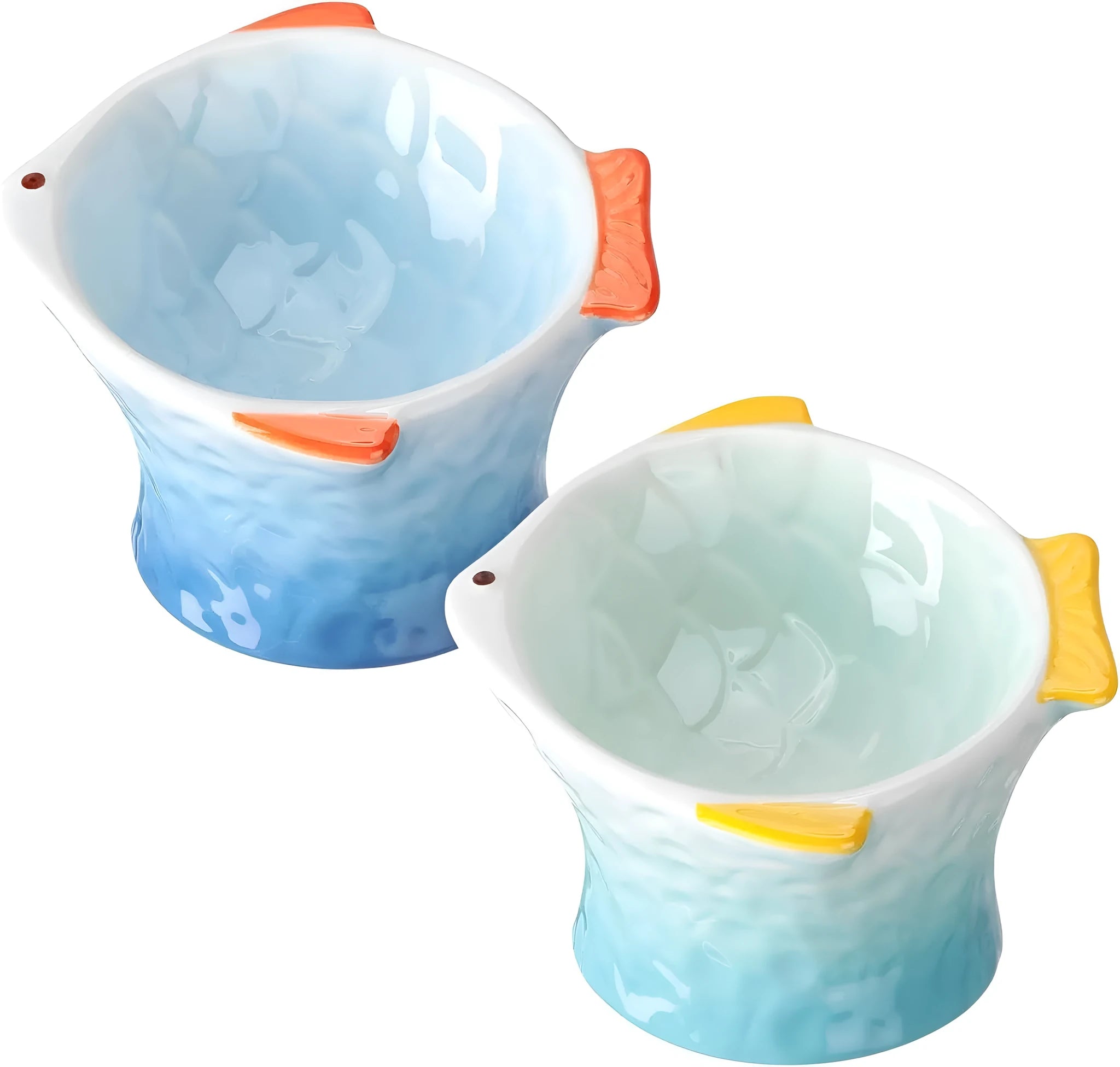 Blue ceramic fish-shaped cat bowl with tilted design and shallow eating surface on a plain background.