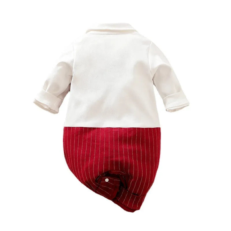 Wine red cotton baby boy romper with long sleeves and single-breasted closure in gentleman style