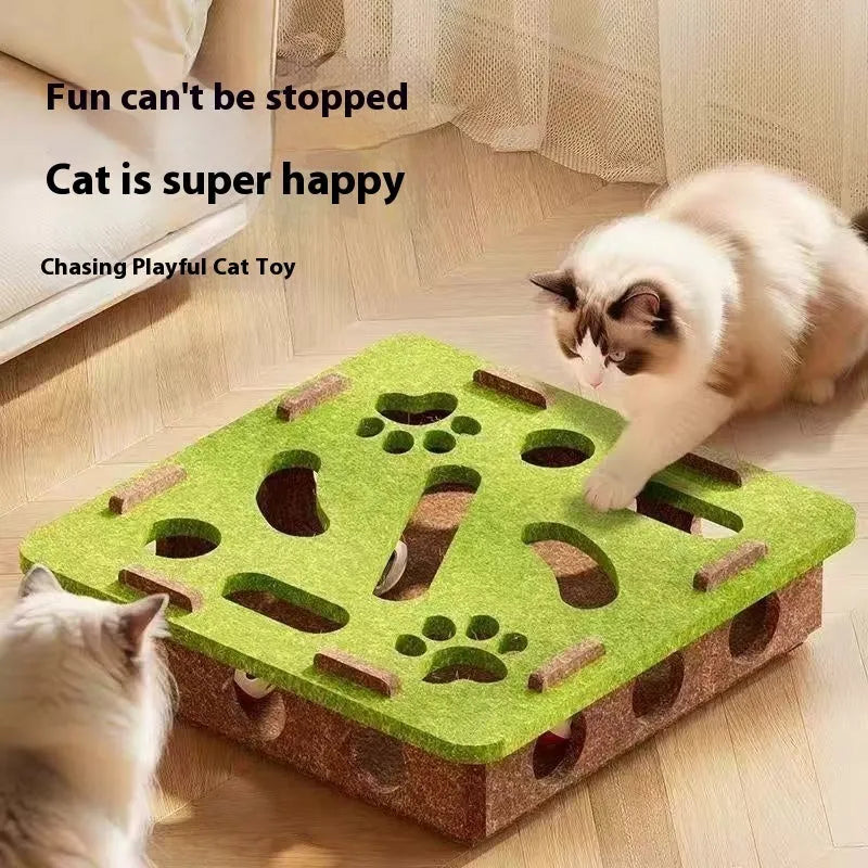 Handmade felt cat toy box with hole for paw interaction in camel white, gray, or green brown