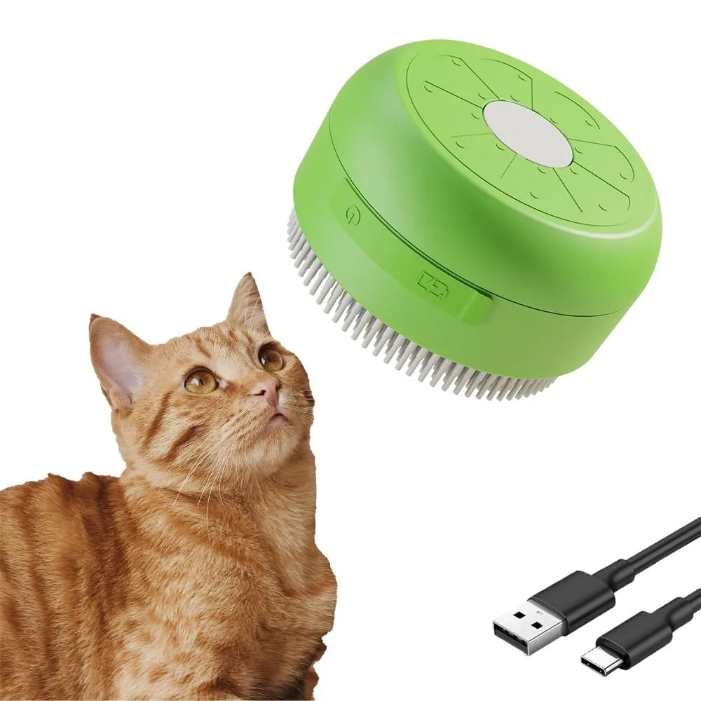 Rechargeable green and yellow pet steam brush with silicone bristles on a table.