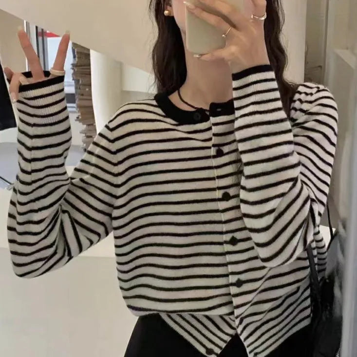 Dark grey and white striped French style women's slim fit cardigan sweater coat