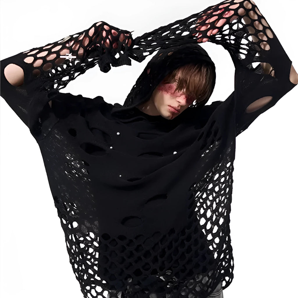 Men's black pullover hoodie with hollow-designed hood and pearl decorations on the front.