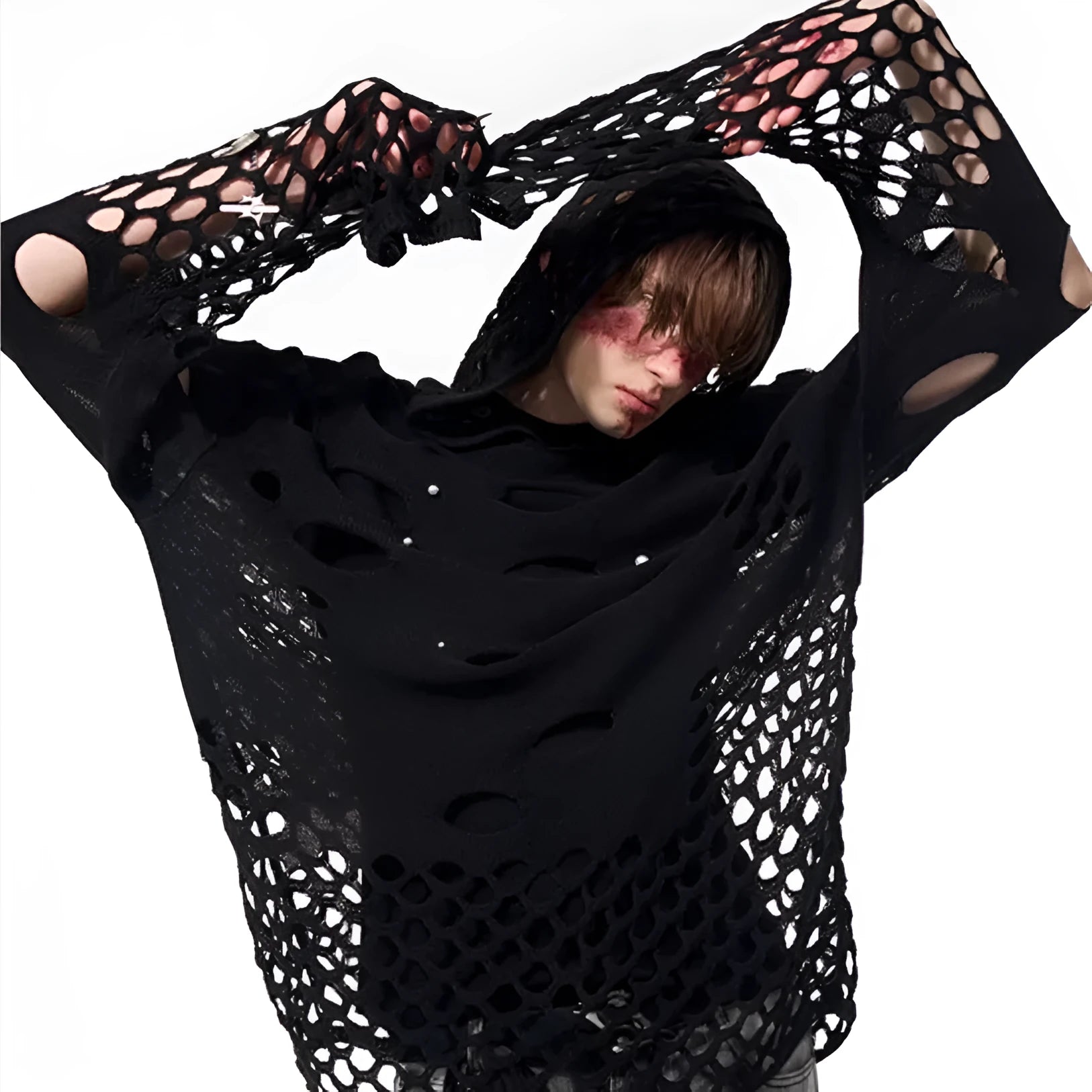 Men's black pullover hoodie with hollow-designed hood and pearl decorations on the front.
