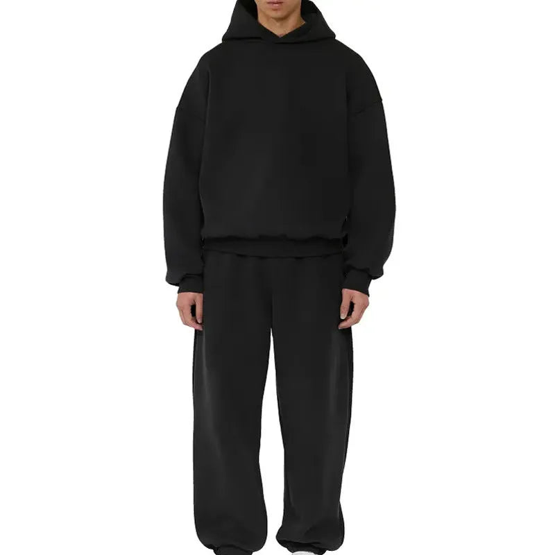 Men's grey fleece-lined cotton pullover hoodie with a front pocket and threaded long sleeves.