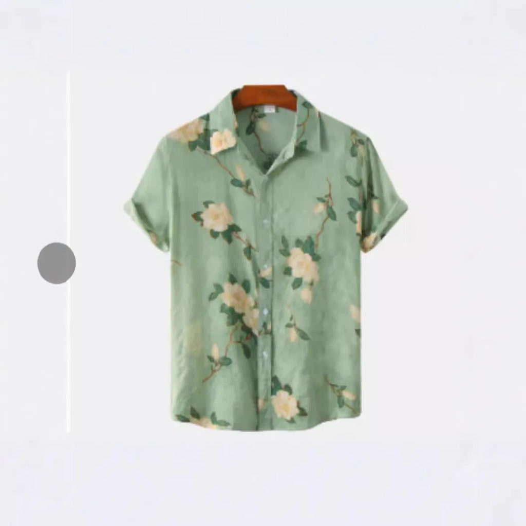 Hawaiian floral print short sleeve shirt with lapel design on elastic polyester fabric