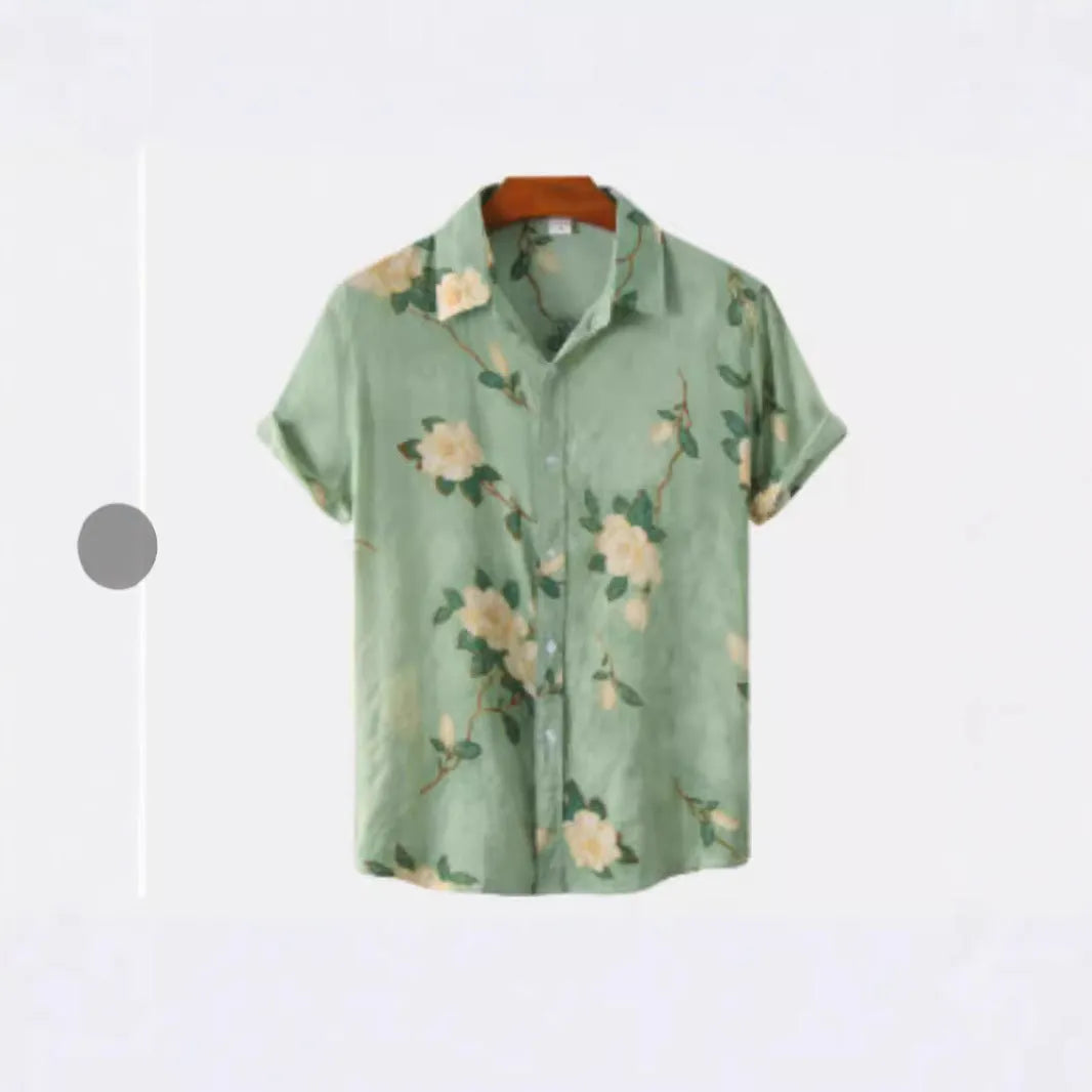 Hawaiian floral print short sleeve shirt with lapel design on elastic polyester fabric