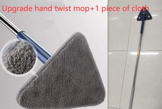 Blue triangle cleaning mop with extendable stainless steel pole and 360-degree rotating head