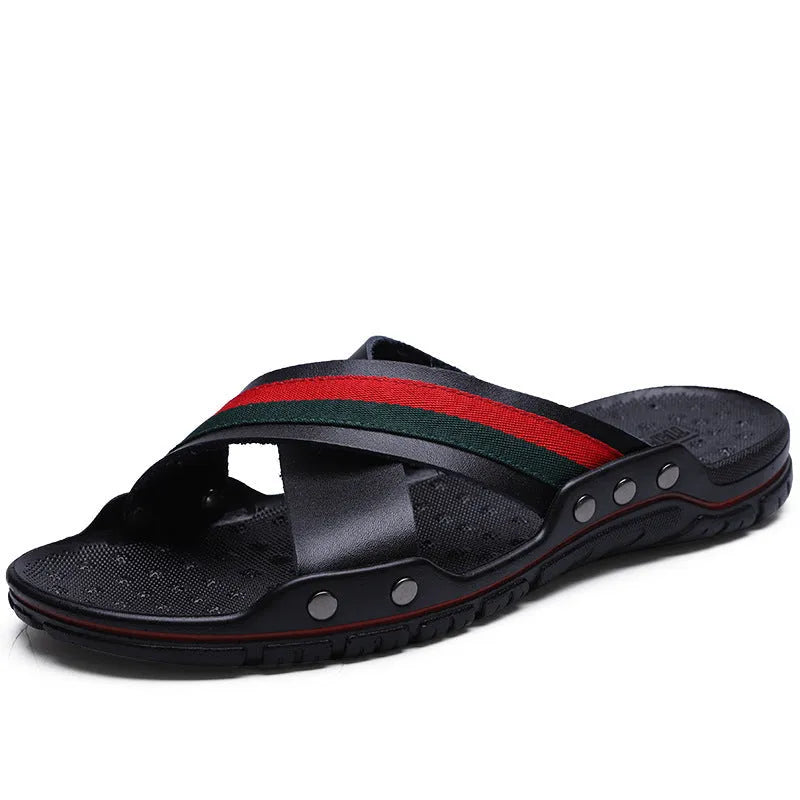 Men's white cowhide leather flip-flop sandals with a PU sole, shown from a side angle.